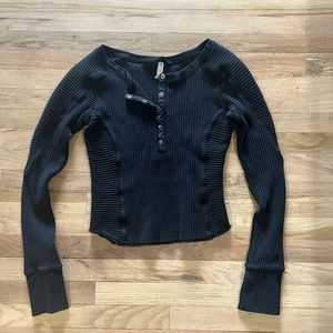 FP Movement by Free People Black Ribbed Henley Long Sleeve Top